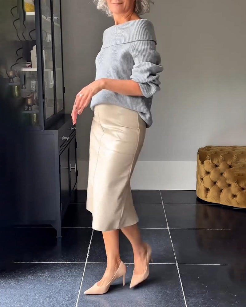 Andrea's™ | Unifarbener langärmeliger Ein-Schulter-Pullover