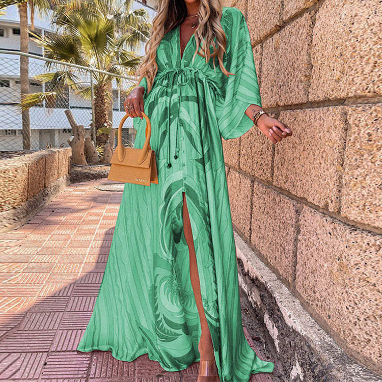 Strahlendes Maxikleid mit V-Ausschnitt und Schnürung von Andrea Serena