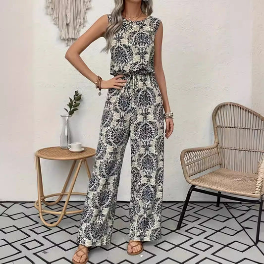 Damen-Set aus bedrucktem, ärmellosem Top und weit geschnittener Hose
