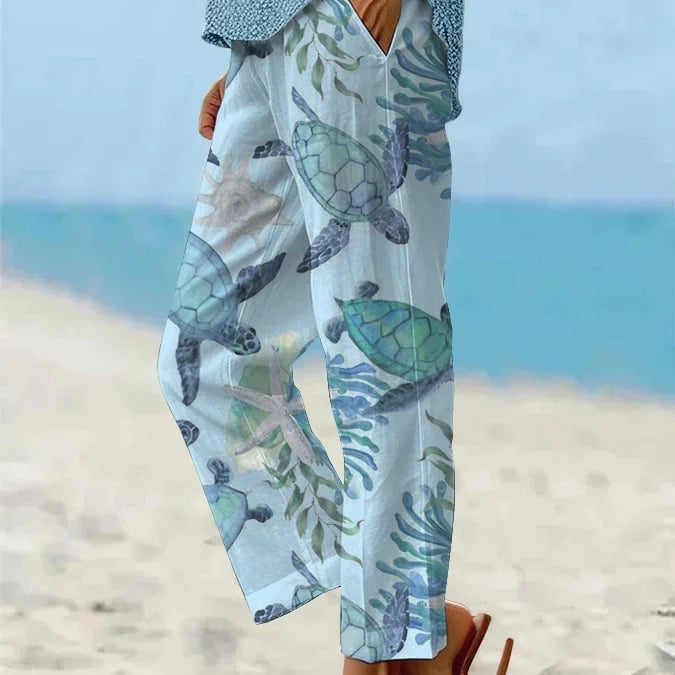 Sea Turtle Print Andrea Serena Cropped Pants