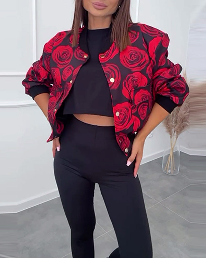 Andrea's™ | Lässige Jacke mit Knöpfen und Rosen-Print