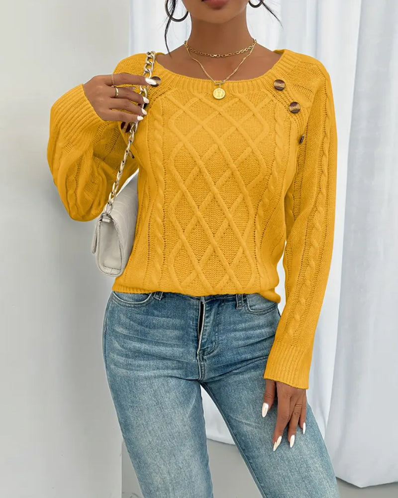 Andrea's™ | Pullover Uni Raglanärmel Schnalle Zopfmuster