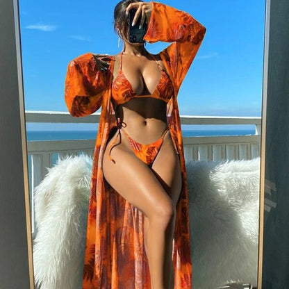 Leuchtendes Blumenmuster Andrea Serena Langarm-Bikini-Set