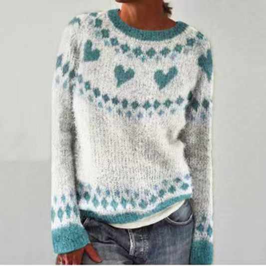 Andrea's™ | Cremeweißer Strickpullover mit Herz-Jacquard in Salbeigrün