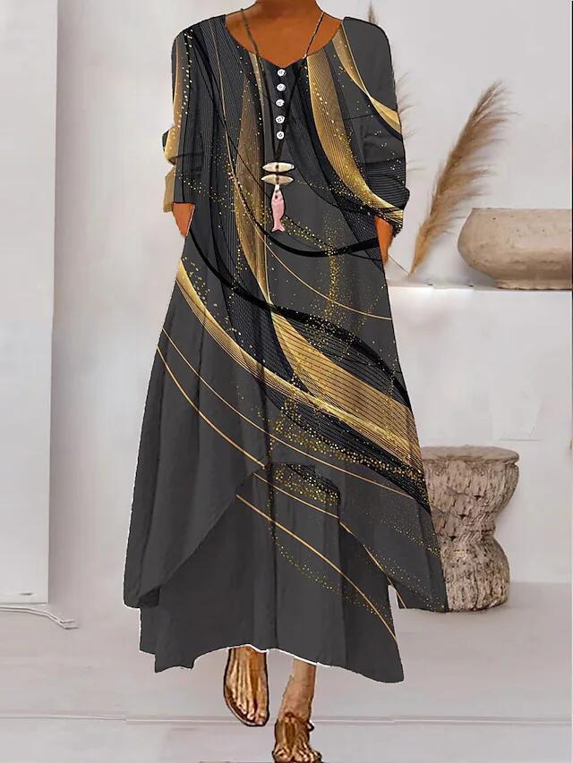 Andrea's™ | Abstraktes bedrucktes Maxikleid mit langen Ärmeln