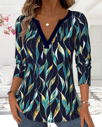Andrea's™ | T-Shirt lässiger Blätterdruck V-Ausschnitt