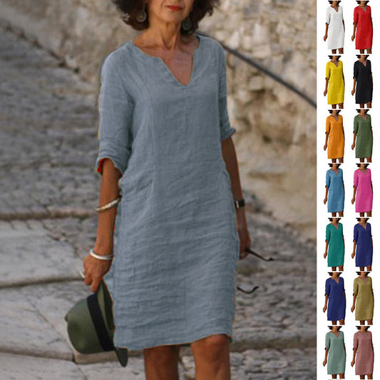 Andrea's™ | Baumwoll- und Leinen-V-Ausschnitt Sommer-Minikleid