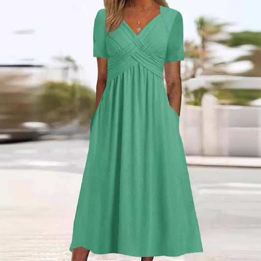 Andrea's™ | Kurzarm-Plisseekleid mit V-Ausschnitt
