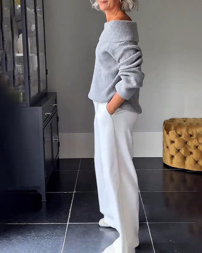 Andrea's™ | Unifarbener langärmeliger Ein-Schulter-Pullover