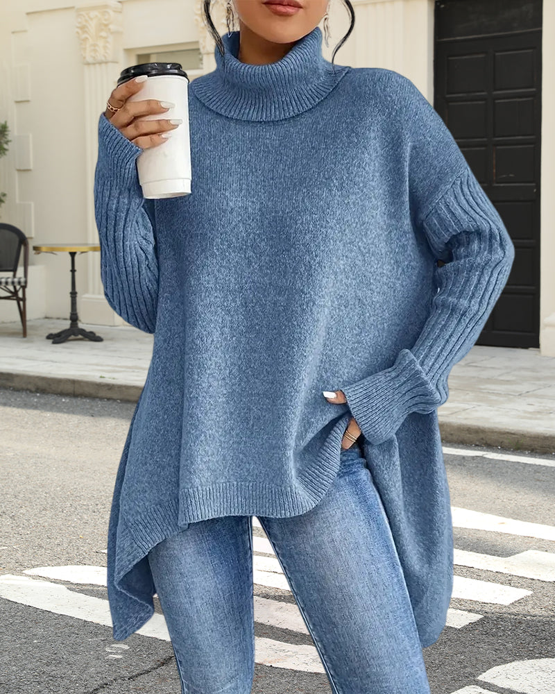 Andrea's™ | Lockerer Pullover mit Hohem Kragen und Asymmetrischem Schnitt