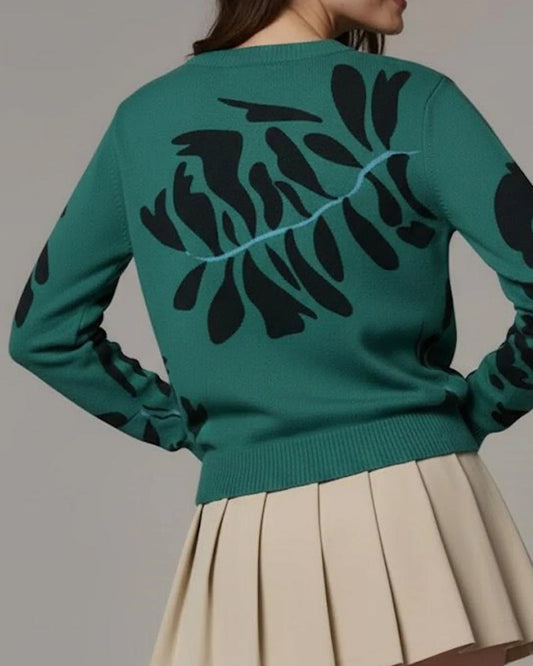 Andrea's™ | Damen Gestricktes Top Mit Farbblock-Design, Häkelstrick-Kunst, Langen Ärmeln, Rundkragen, Loser Passform, Boho Vintage Stil Und Baumwollstoff