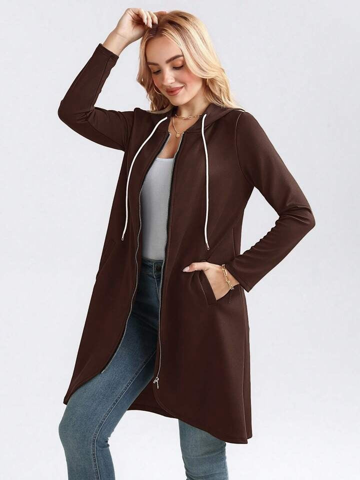 Andrea's™ | Langer Kapuzen-Cardigan mit Reißverschluss – Leichte Jacke mit Taschen