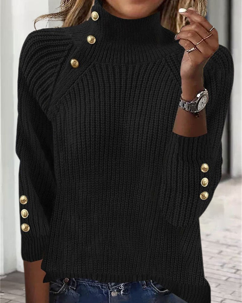 Andrea's™ | Pullover Mit Hochkragen-Design, Metallknöpfen Und Einfarbig