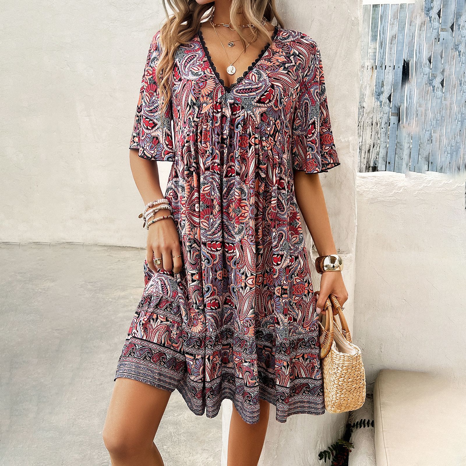 Boho Printed V-Neck Dress by Andrea Serena