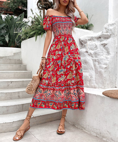 Boho-Blumenkleid von Andrea Serena mit schulterfreiem Ausschnitt und Midi-Länge