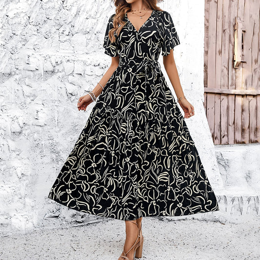 Andrea Serena Midikleid mit Blumenmuster und kurzen Ärmeln