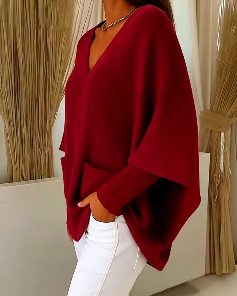 Andrea's™ | Langärmeliger Pullover mit Taschen und V-Ausschnitt