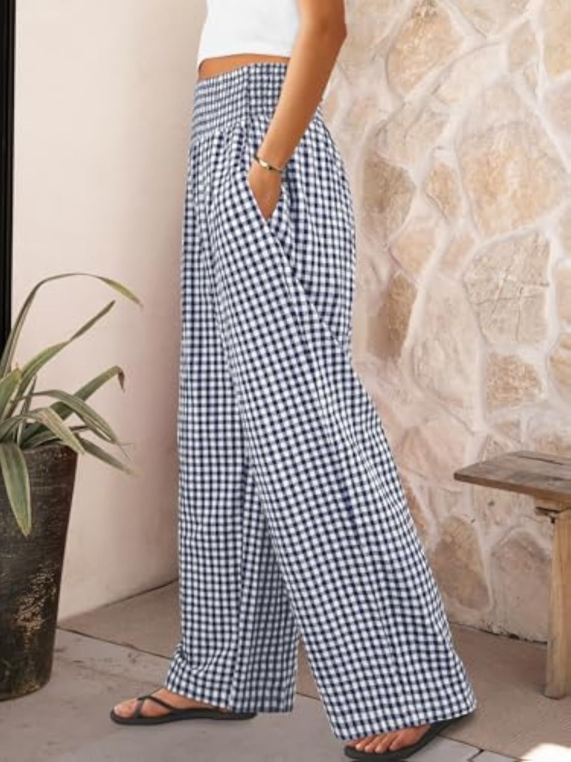 Karierte Freizeithose, locker geschnitten, Damenmode, weite Hose mit Taschen