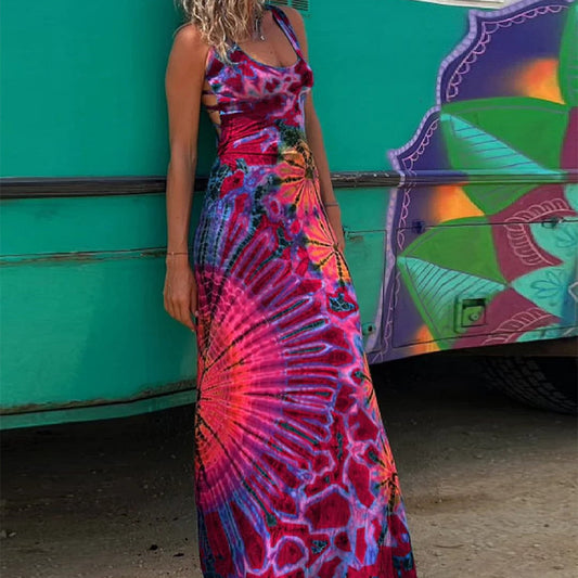 Vibrant Geometric Andrea Serena Backless Maxi Dress