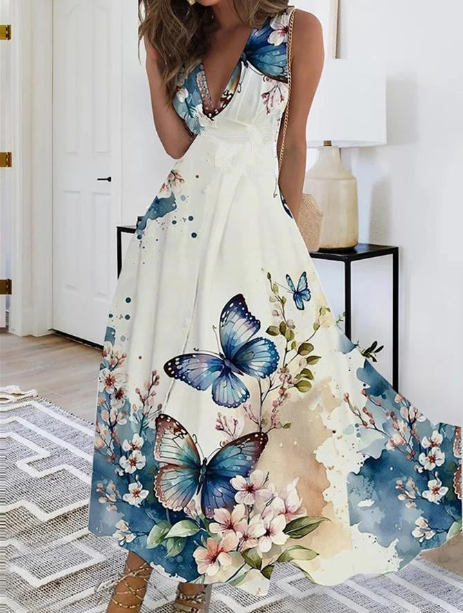 Andrea's™ | Ärmelloses Blumiges V-Ausschnitt Kleid