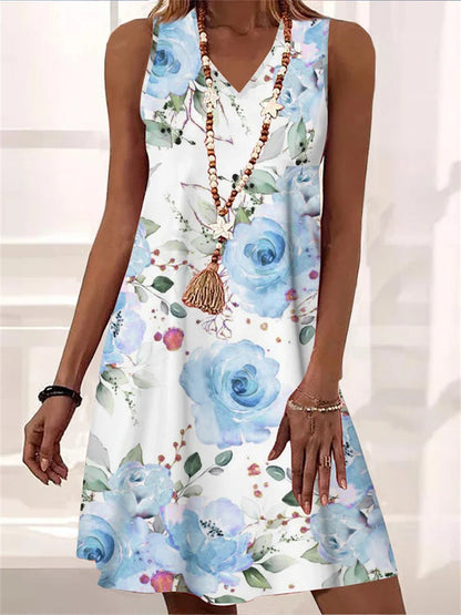 Ärmelloses Kleid mit Blumenmuster und V-Ausschnitt von Andrea Serena
