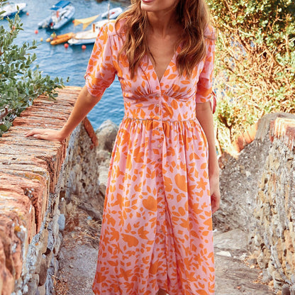 Andrea's™ | Sommerkleid mit Blumenmuster, schmaler Taille und V-Ausschnitt