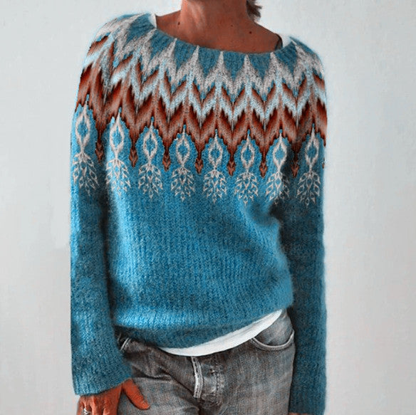 Andrea's™ | Türkisblauer Fair-Isle-Pullover mit kontrastreicher Zackenpasse