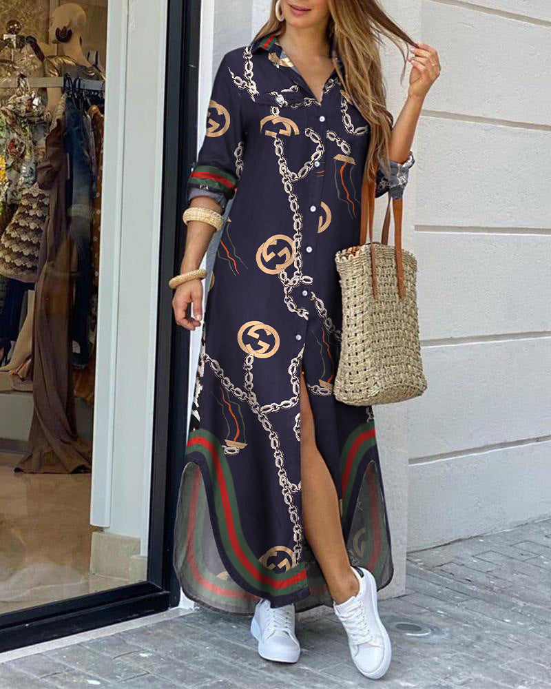Elegantes bedrucktes langes Hemdkleid von Andrea Serena