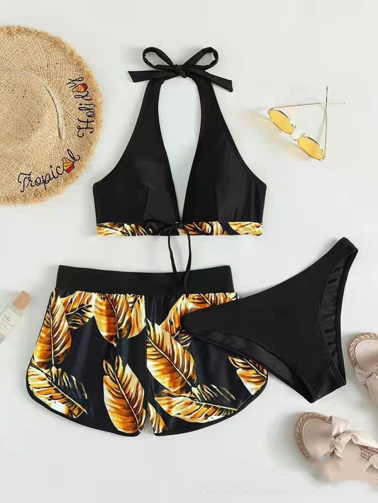 Andrea's™ | 3-teiliges Bikini-Set mit Blätterdruck und Shorts