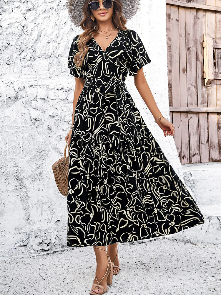 Elegantes, geometrisches Andrea Serena Kurzarm-Midikleid