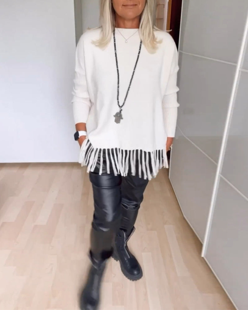Andrea's™ | Einfarbiger Freizeitpullover mit Fransen