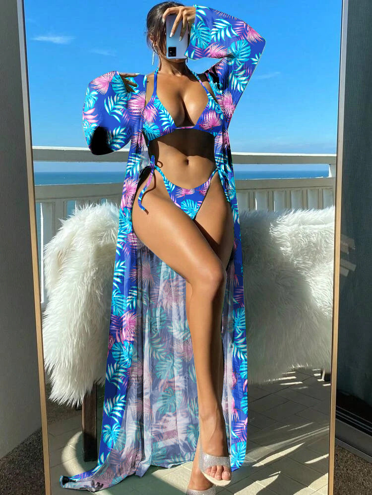 Leuchtendes Blumenmuster Andrea Serena Langarm-Bikini-Set