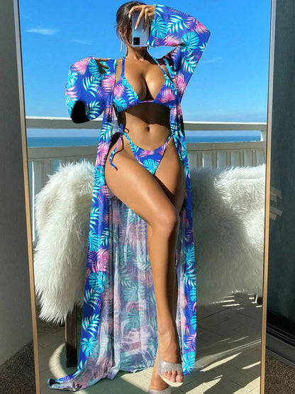 Leuchtendes Blumenmuster Andrea Serena Langarm-Bikini-Set