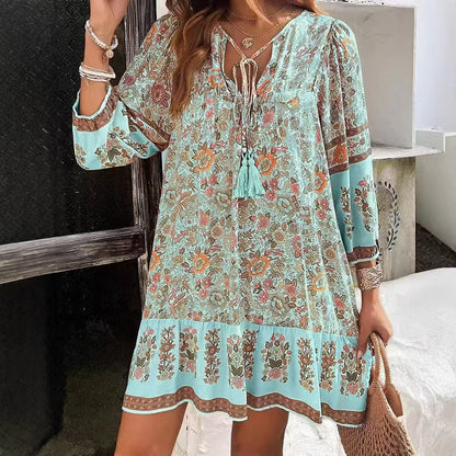 Boho-Blumenkleid von Andrea Serena mit V-Ausschnitt, Midi-Länge