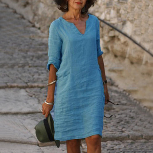 Andrea's™ | Baumwoll- und Leinen-V-Ausschnitt Sommer-Minikleid
