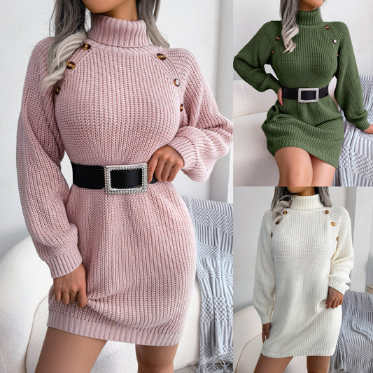 Andrea's™ | Langes Strickkleid mit Rollkragen und Knopfdesign