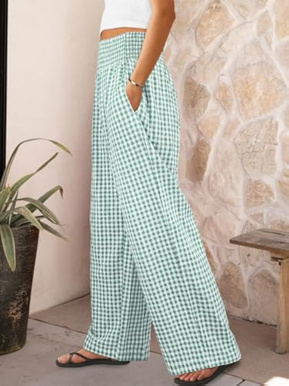 Karierte Freizeithose, locker geschnitten, Damenmode, weite Hose mit Taschen