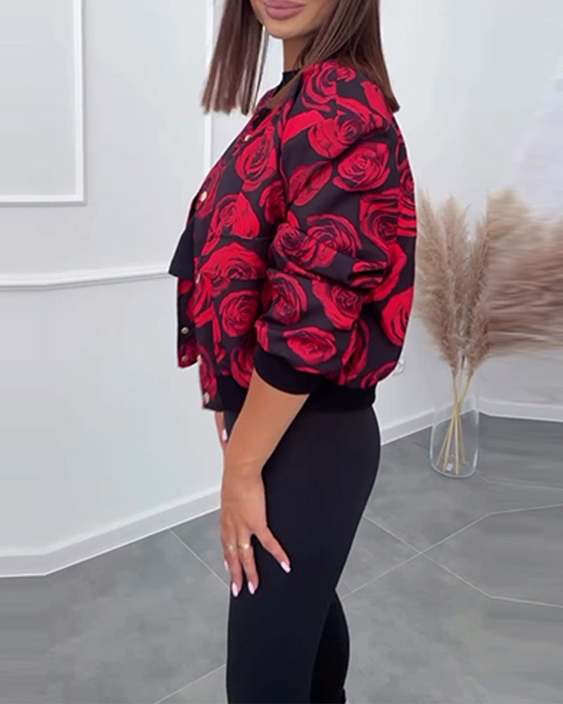 Andrea's™ | Lässige Jacke mit Knöpfen und Rosen-Print