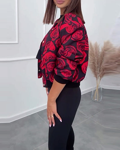 Andrea's™ | Lässige Jacke mit Knöpfen und Rosen-Print