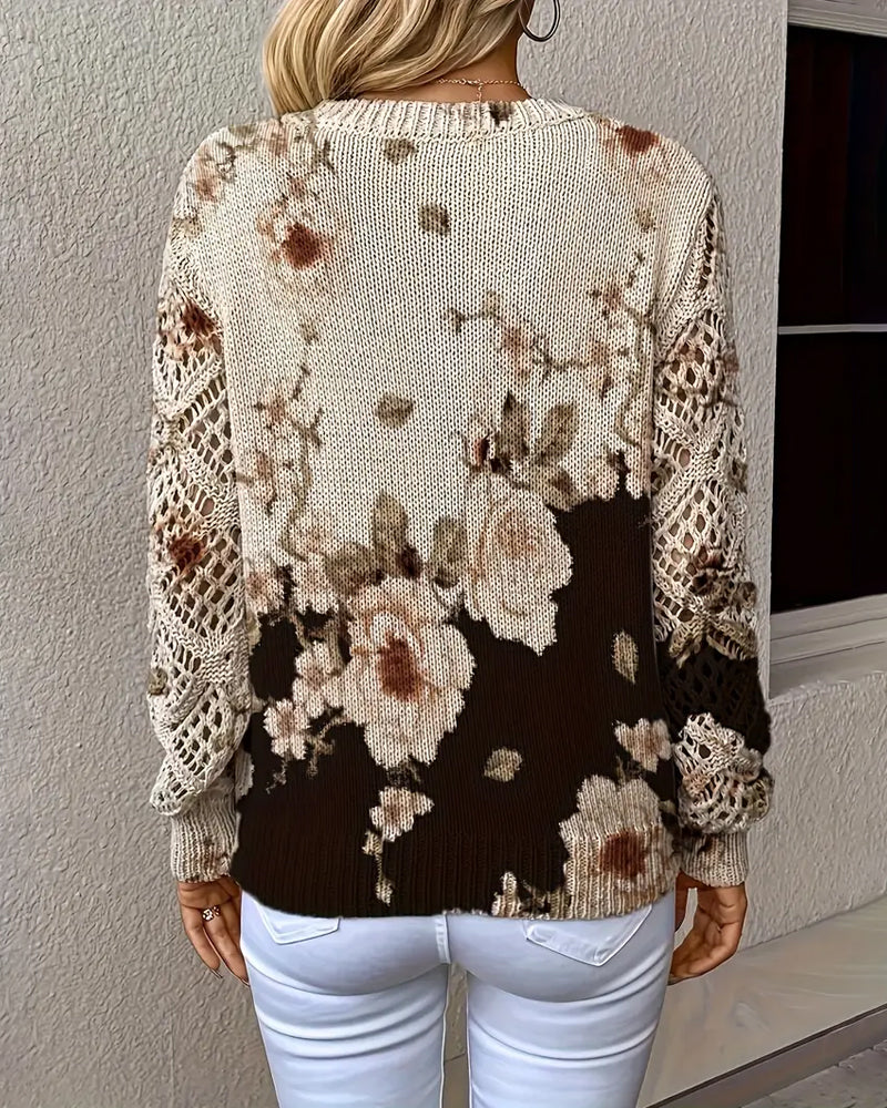 Andrea's™ | Pullover V-Ausschnitt Blumenprint Lochmuster