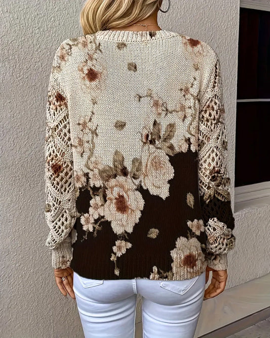 Andrea's™ | Pullover V-Ausschnitt Blumenprint Lochmuster