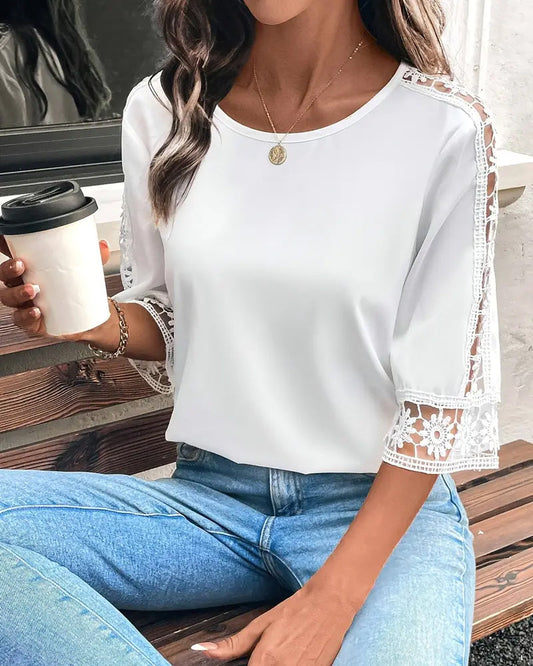 Andrea's™ | T-Shirt Einfarbig Loch Haken Patchwork