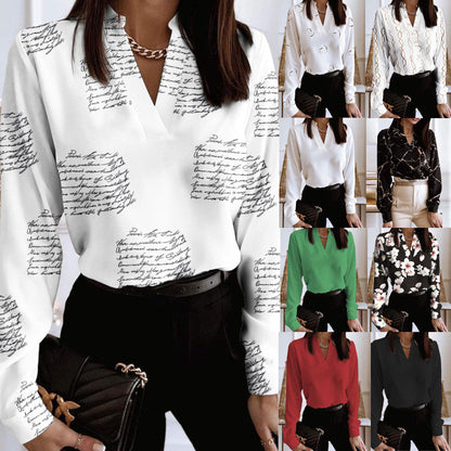 Printed V-Neck Long Sleeve Shirt by Andrea Serena