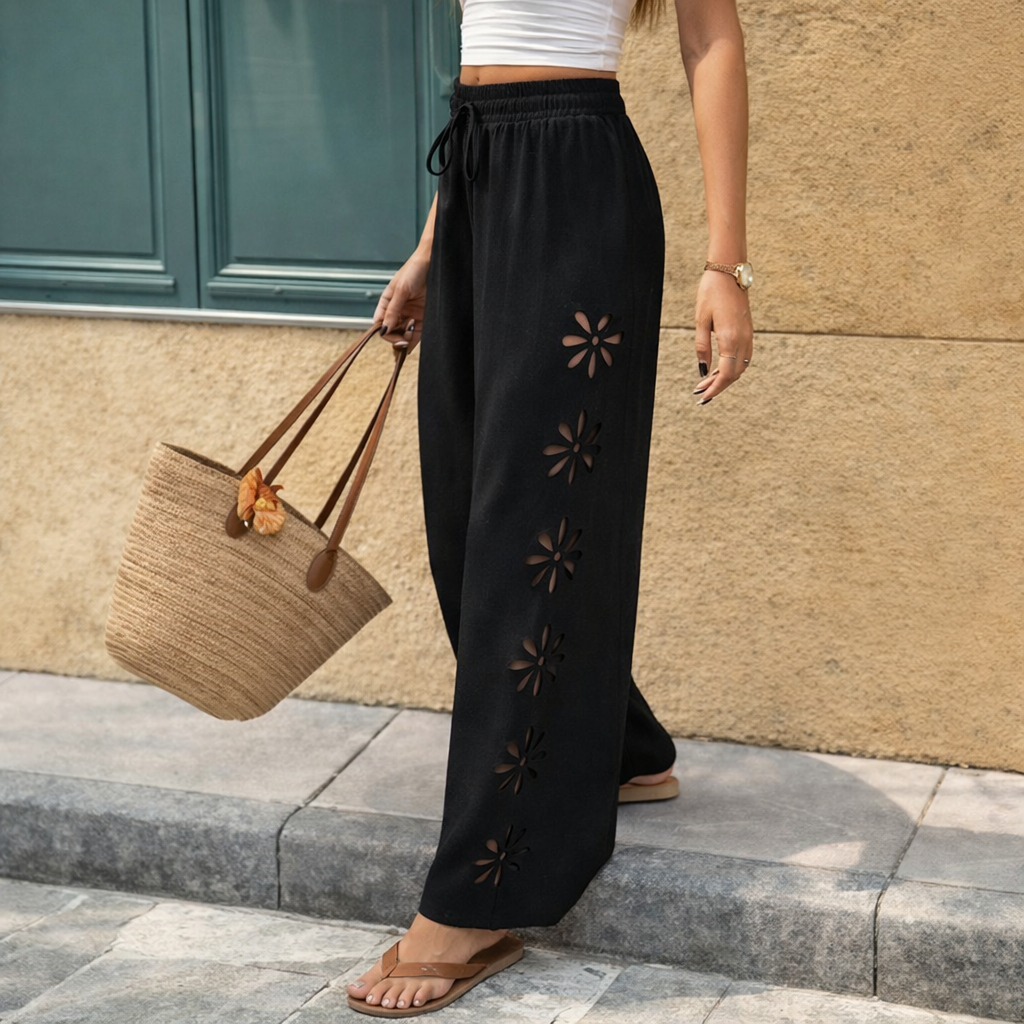 Elegante Andrea Serena Hose mit Blumenmuster, Cut-outs und Kordelzug