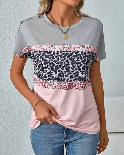 Andrea's™ | T-Shirt Rundhalsausschnitt Leopardenmuster Farbblock