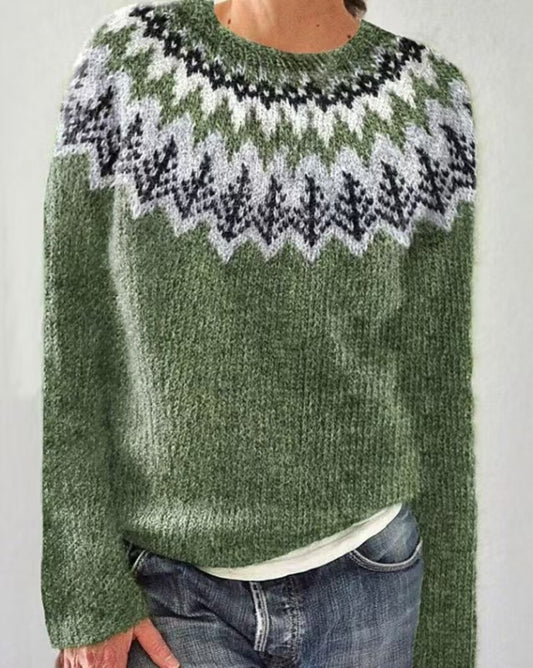 Andrea's™ | Olivgrüner Strickpullover mit gezackter Kontrastpasse