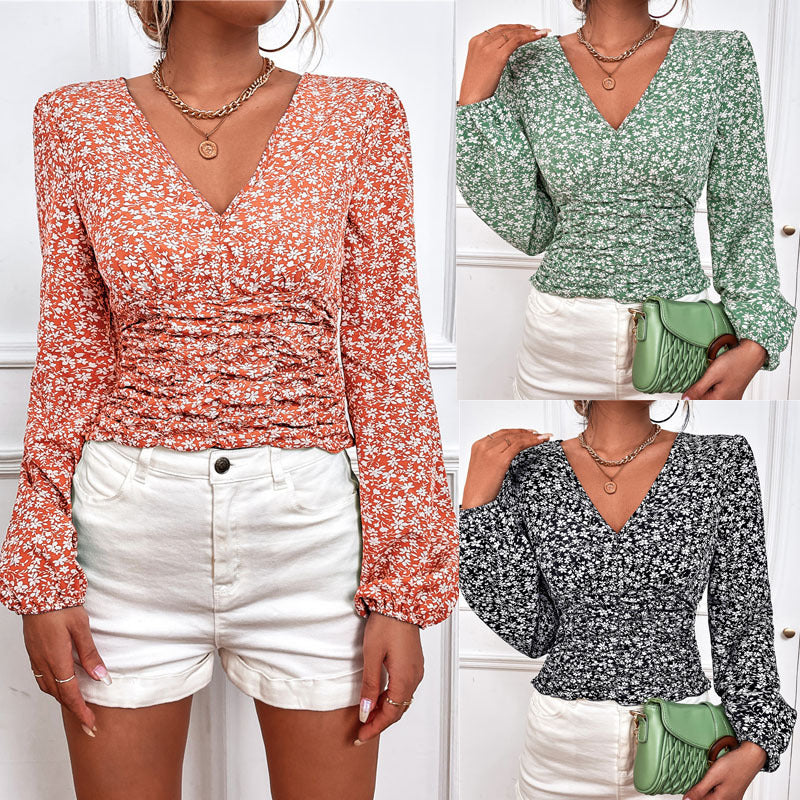 Chic Floral Long Sleeve V-Neck Top by Andrea Serena