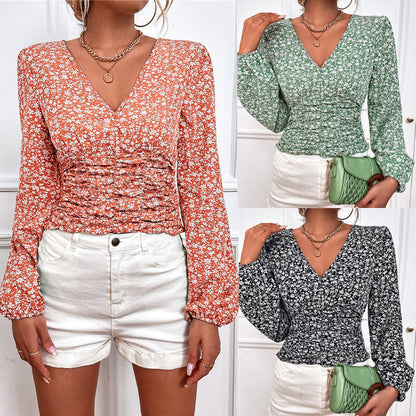 Chic Floral Long Sleeve V-Neck Top by Andrea Serena