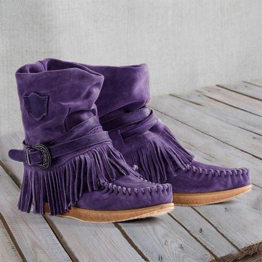 Andrea's™ | Fransen-Mokassin-Stiefeletten mit Schnallenriemen und Ziernähten